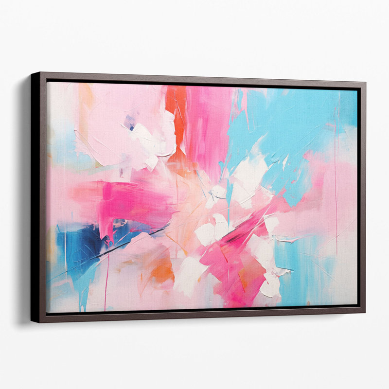 Grande peinture abstraite | Rose pastel, bleu, blanc abstrait, Cadre flottant brun, H 32 po x l 48 po x P 1,25 po