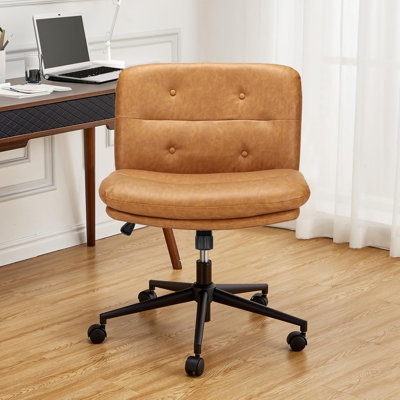 63.5CM Wide Cross Legged Office Chair Rolling Armless Office Chair,Ergonomic PU Office Chairs with Fabric Padded,Height Adjustable Wide Seat Swivel Vanity chairs for (Brown)