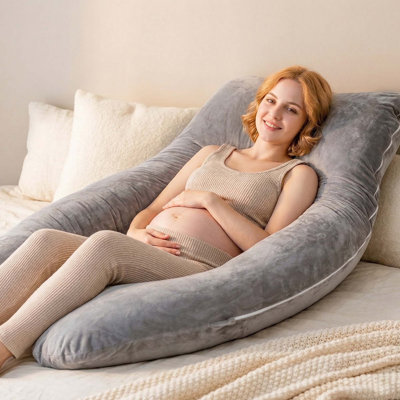  Queen Rose Pregnancy Pillow, U Shaped Pregnancy Body Pillow With Zipper Removable Cover (grey- Velvet)