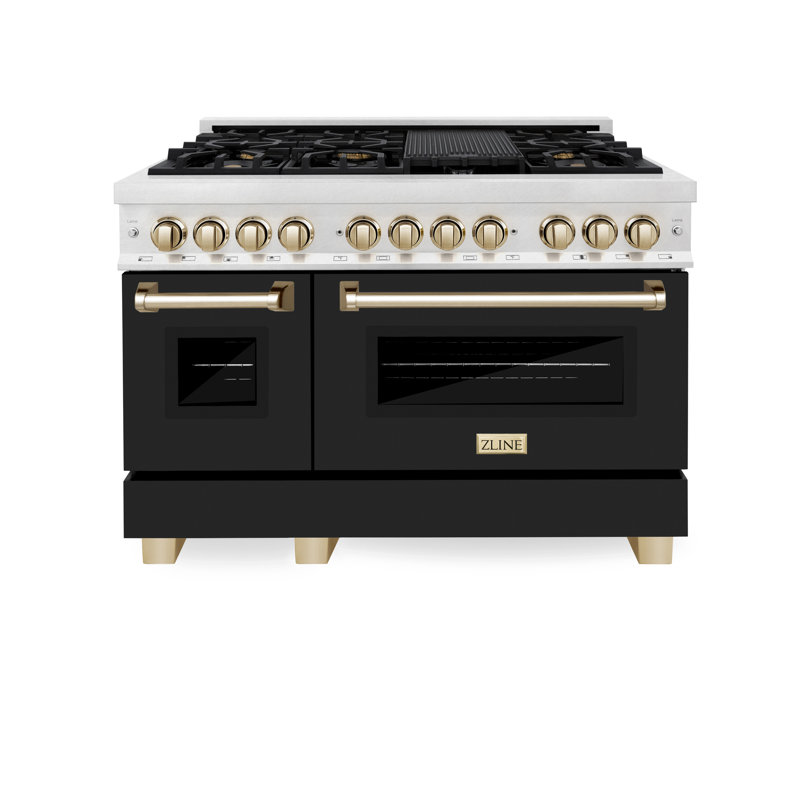ZLINE Autograph 48" Legacy Dual Fuel Range in DuraSnow® w/ Black & Gold Accents
