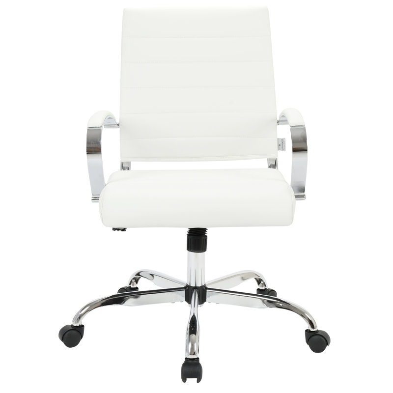 Mulkey Ribbed Faux Leather Mid-Back Office Chair, Mid Century Ergonomic Executive Desk Chair, White