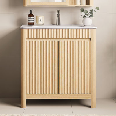 Fredson 30" Single Freestanding Bathroom Vanity with Arc-Shaped Ceramic Sink, Solid Wood Legs, Soft-Close Doors & Interior Adjustable Storage, Easy Assembly, Natural Oak