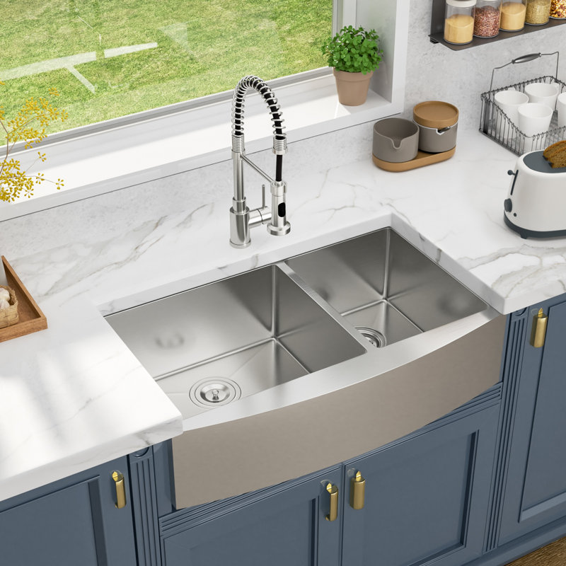 33" L x 20" W Double Bowl 60/40 Farmhouse Kitchen Sink Stainless Steel Single Bowl Kitchen Sink