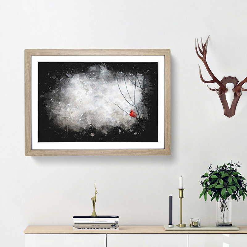Red Cardinal Bird Paint Splash - Picture Frame Graphic Art, Oak Framed, 60cm H x 91cm W x 2cm D