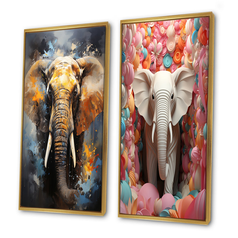 Elephant Dreams In Colors - Ensemble de 2 décorations murales éléphant, H 40 po x l 41 po, Encadrement doré