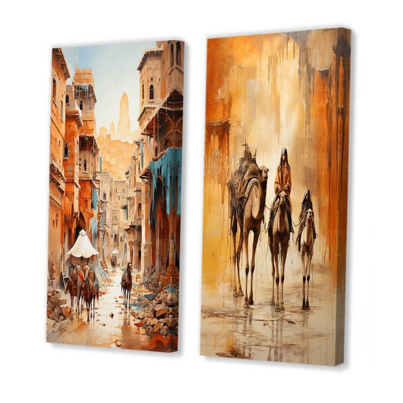 Arabo-arabe le long de la route de la soie I - ensemble de 2 décorations murales City Buildings, H 40 po x l 41 po