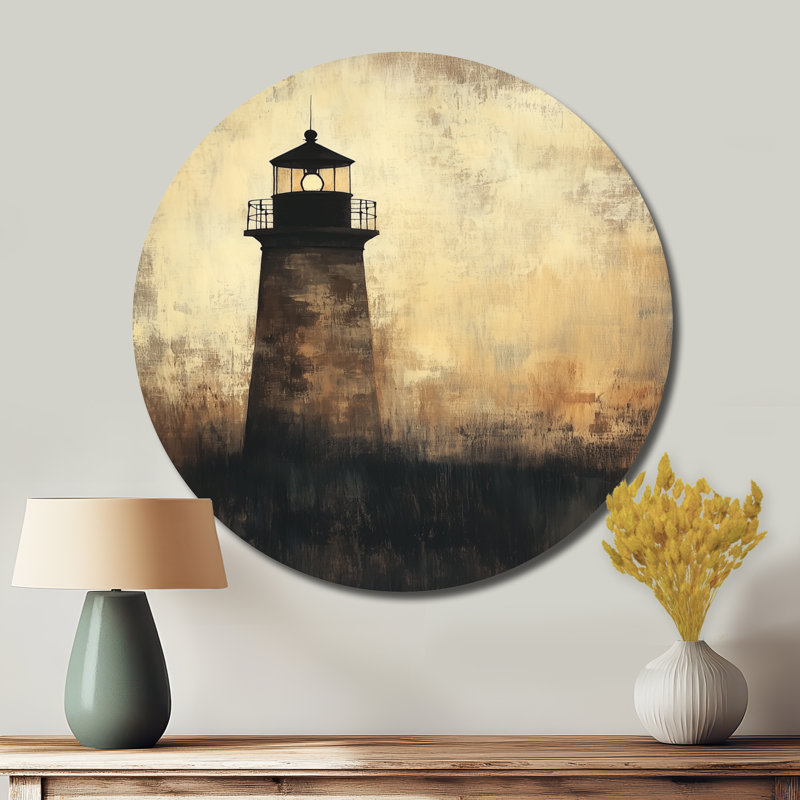 Phare du Crépuscule Doré V - Décoration murale ronde en métal sur le thème nautique, H 23 po x l 23 po