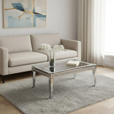 Table basse 36 "en faux cristal transparent et miroir argenté