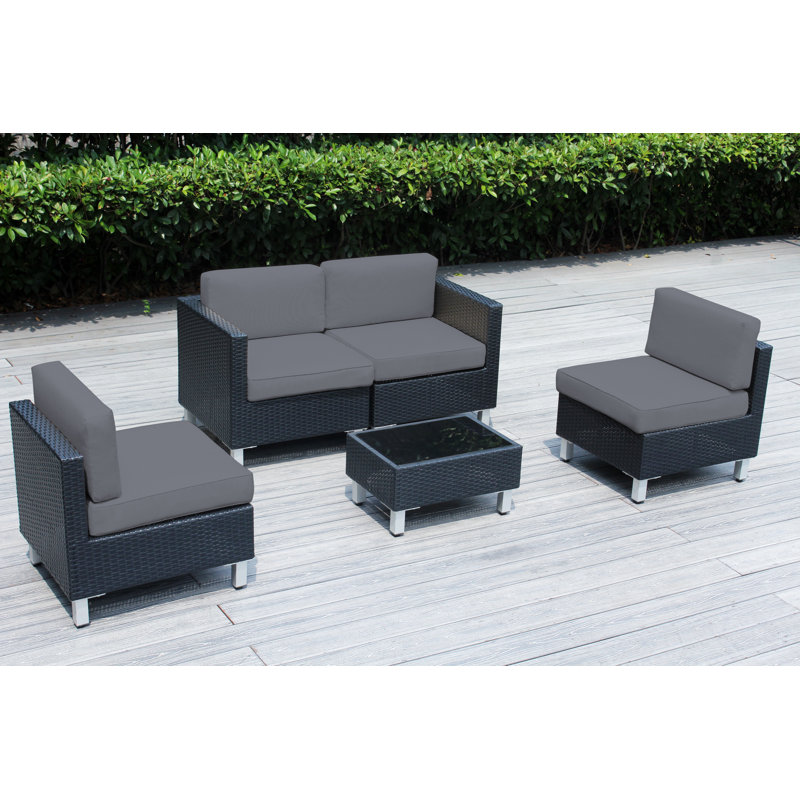 Ensemble modulaire d'extérieur 5 pièces en osier noir avec coussins 5 pièces, Gris