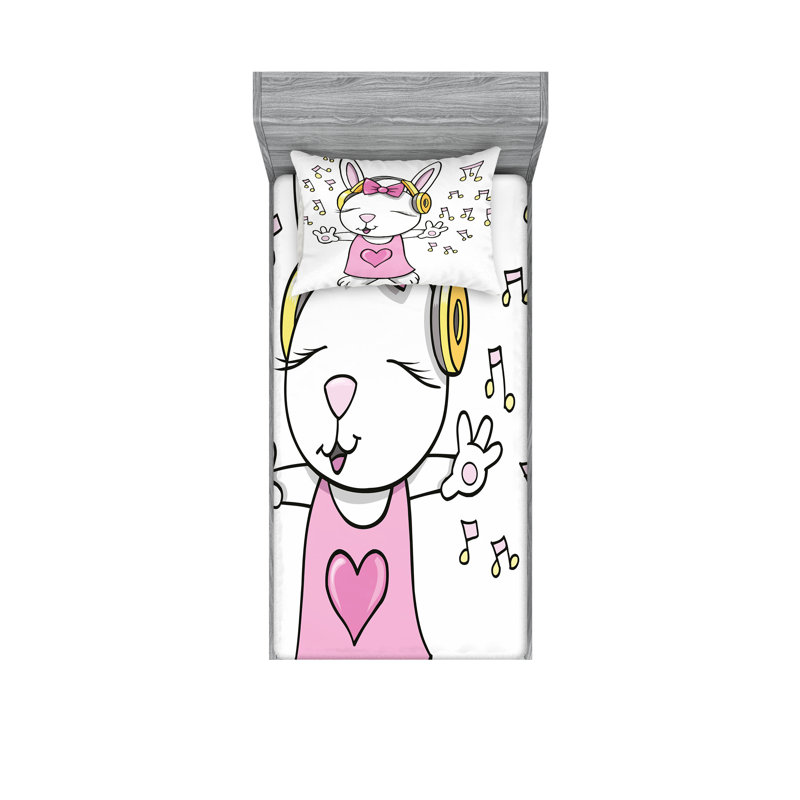 Ensemble de draps et taies décoratives Ambesonne Bunny, rose pâle / jaune, Twin-XL Sheet Set + 1 Fitted Sheet + 2 Pillowcases