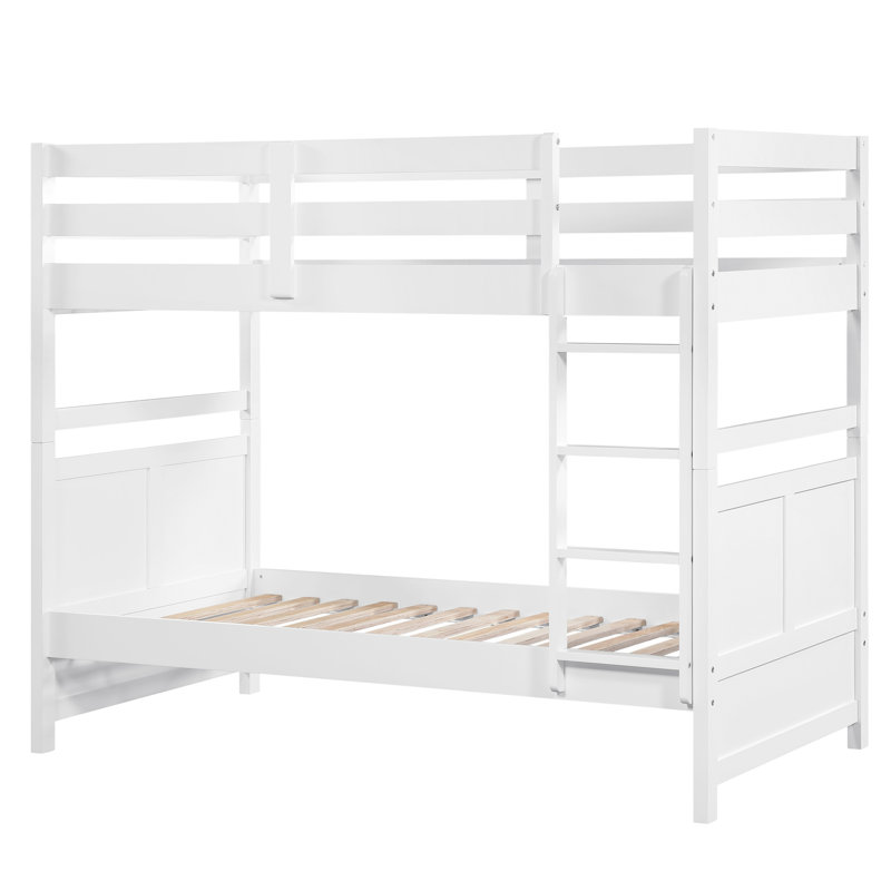 Lit simple au-dessus d'un lit superposé au fini blanc, cadre, garde-corps et bois de support à lattes - blanc, sans sommier nécessaire pour la chambre à coucher