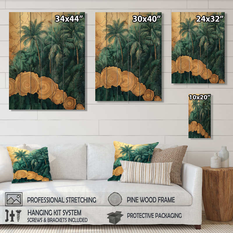 Décoration murale en bois palmiers émeraude sur forêt tropicale dorée IV - palmiers et palmiers
