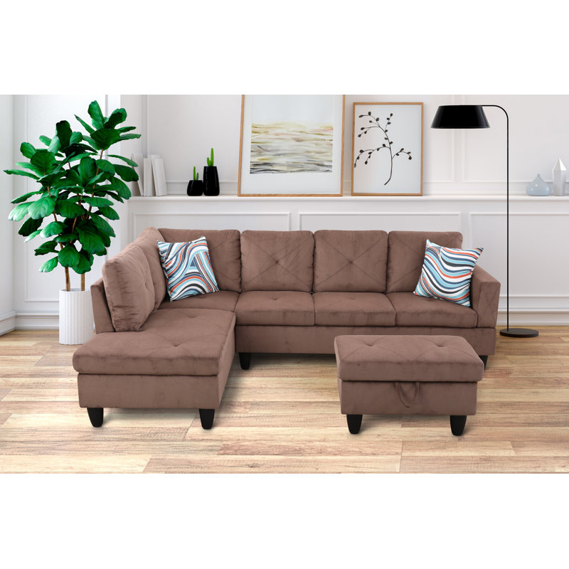 Stotfold Upholstered L-Shaped Sectional Right Hand Facing, Left Hand Facing, Brown Microfiber/Microsuede