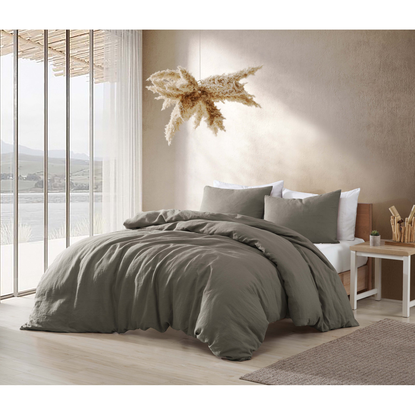 Hilma Linen Comforter Set, Queen Comforter + 2 Standard Shams, Charcoal