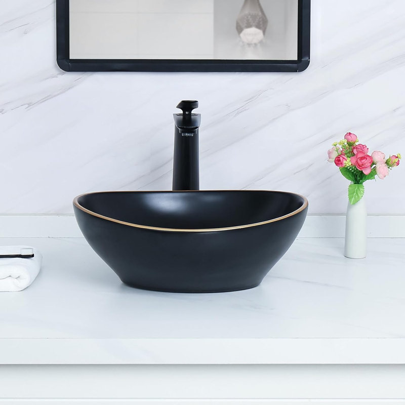 Lavabo de salle de bain ovale en céramique noire 16,3 "x 13,4" avec garniture dorée Davivy