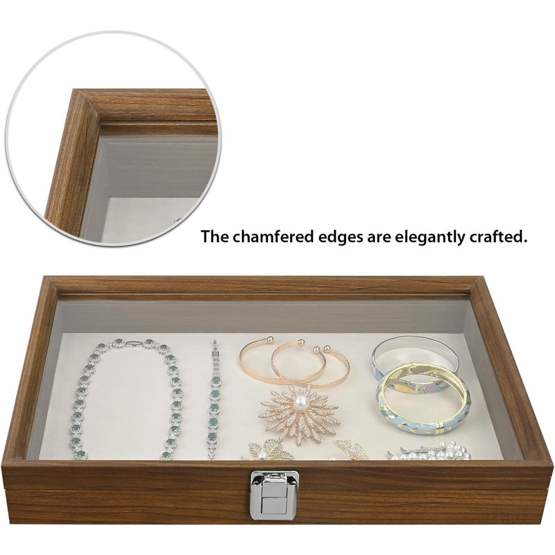 Jewellery Display Case, Display Case Accessories Storage Box with Tempered Glass Hinge Lid, Jewellery Tray for Collectibles, Walnut Colour