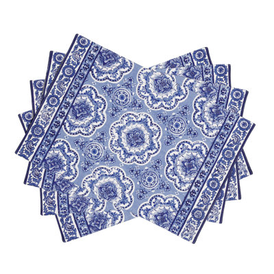 Maison d' Hermine Placemats Set of 4 100% Cotton Washable Cloth Place Mats Reusable Table Mats for Kitchen Dining Party Wedding Valentines Day Decorations Spring/Summer (Melodie Bleue , 13" x 19")