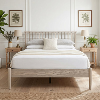 Ariona Full Size Scandinavian Solid Wood Platform Bed Frame, AIB-43-F, with Spindle Headboard & Footboard, Driftwood Beige, No Box Spring Needed