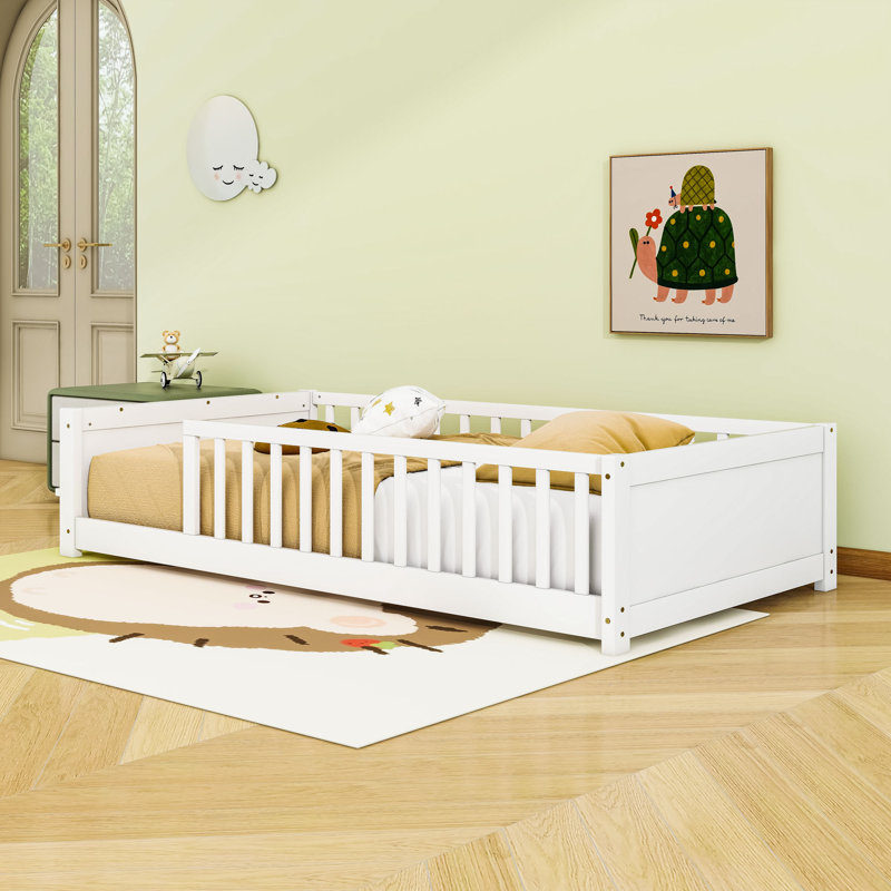 Twin Wood Floor Platform Bed With Built-In Book Storage Rack And Fence, White