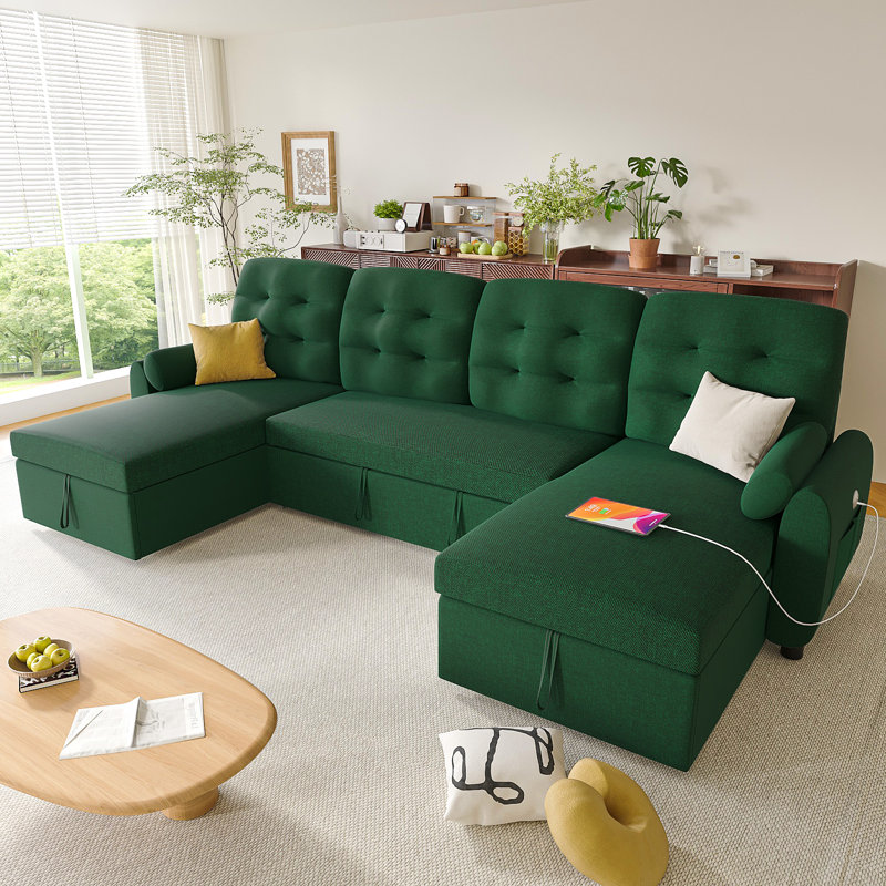 112" U-shaped Sleeper Sectional Sofa With Pull-out Bed, Dual Reversible Storage Chaise, Usb Charging Ports & Side Pockets, Removable Back Cushions For Living Room