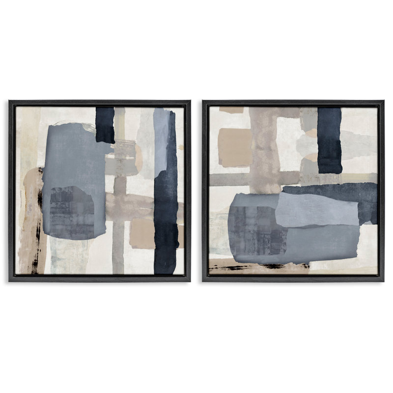 «Neutral Linear Abstracts», ensemble de 2 toiles flottantes encadrées, design par Jacob Q, Cadre flottant noir de jais