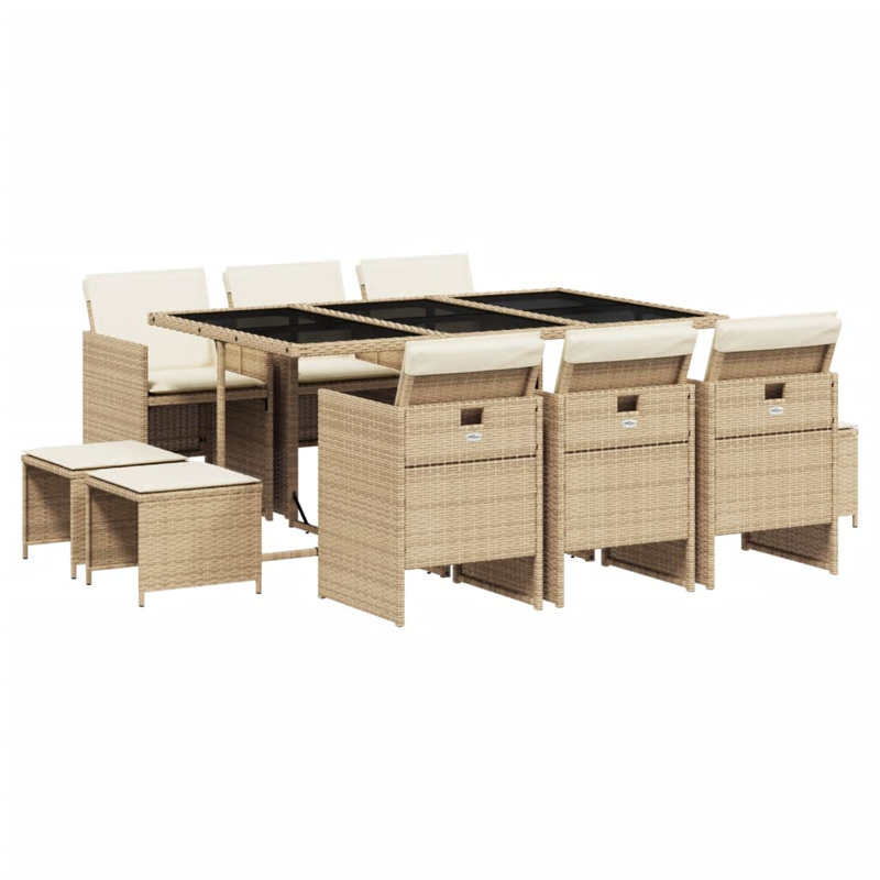 Ensemble repas 11 pièces avec coussins en rotin gris Hokku Designs, Beige / Beige
