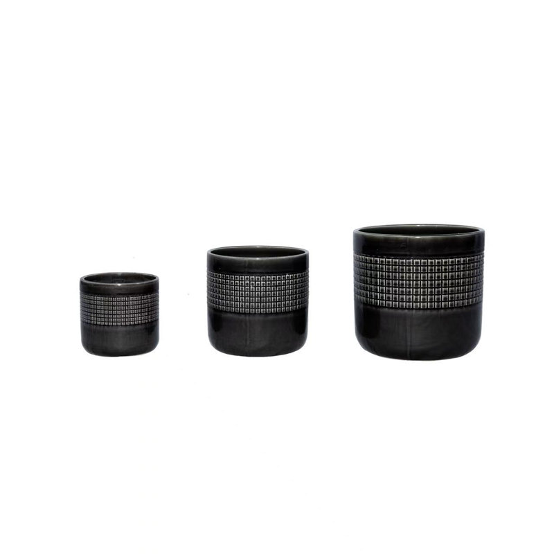 Set of 3 Grid Ceramic Flowerpot, Modern Planter for Patio, Garden, Windowsill -, Black