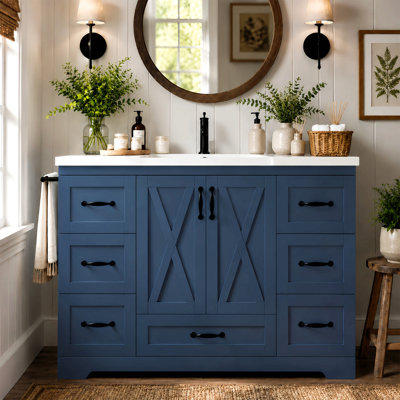 Meuble-lavabo de 48 po avec lavabo, armoire de salle de bain de ferme autoportante avec comptoir en céramique, dosseret, 7 tiroirs de rangement, portes en X, tablettes réglables, rangement pour porte et barre à serviettes latérale