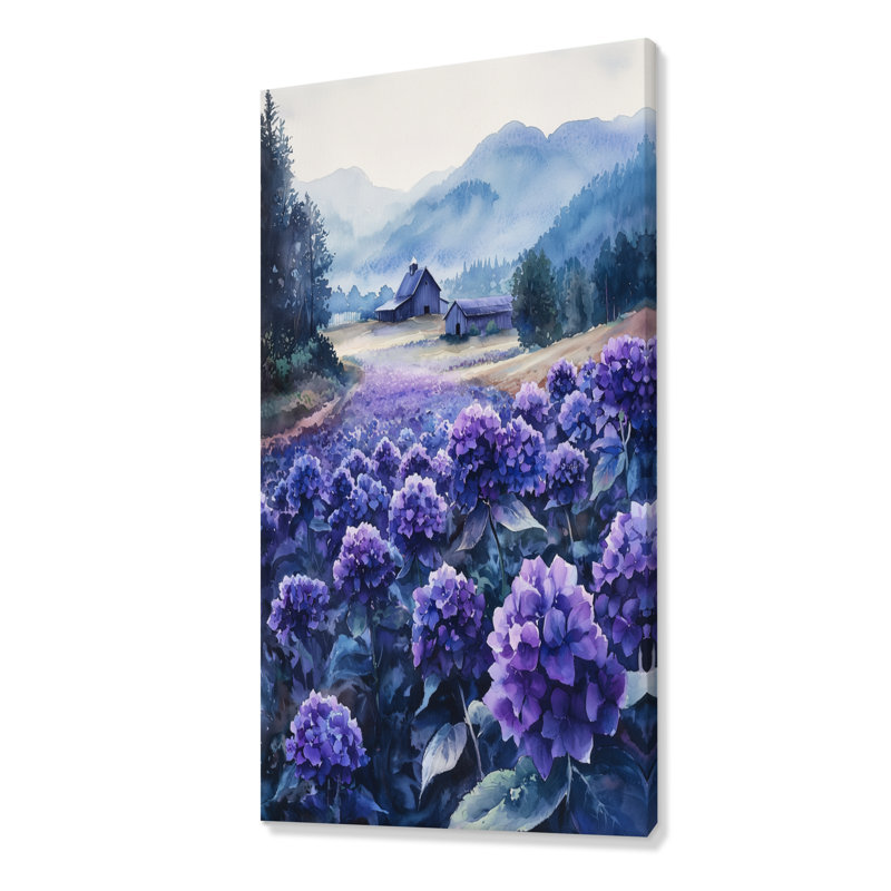 Champ d'hortensias dans la ferme laitière I - hydrangées, art mural, H 60 po x l 28 po, Toile tendue, Ne s’applique pas