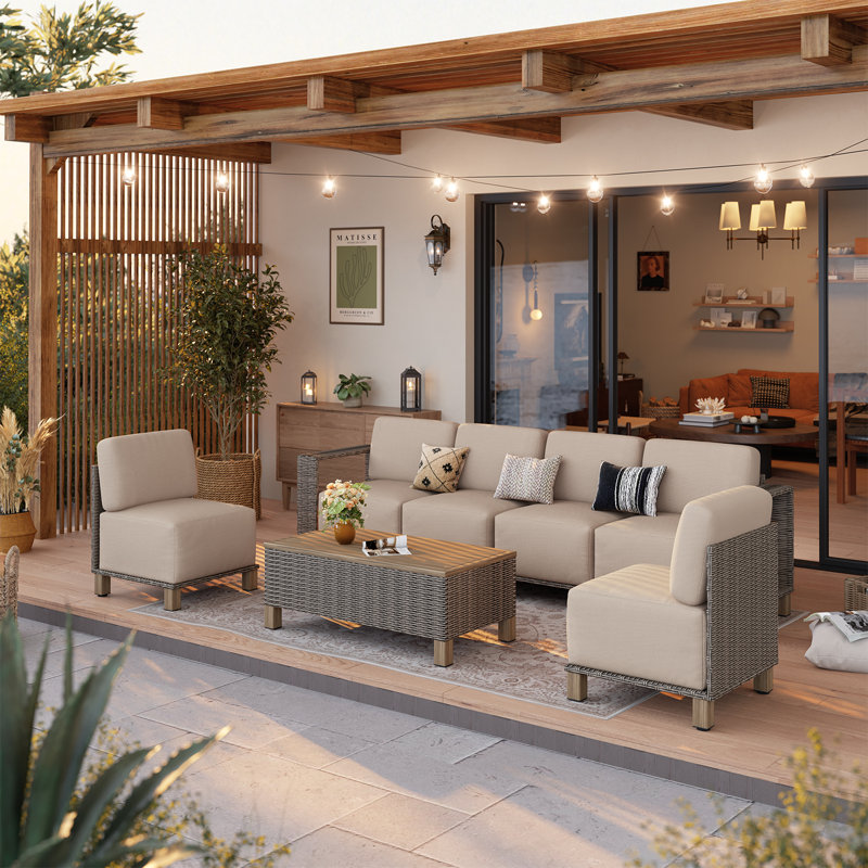 Canapé d'angle modulaire de 7 pièces pour terrasse avec coussins de 25 cm et résine tressée de première qualité, Beige