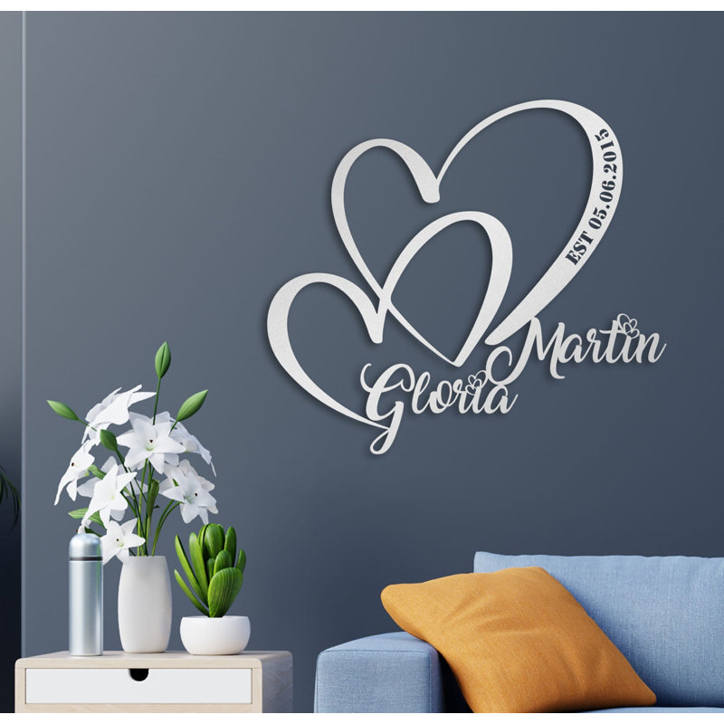 Décoration murale personnalisée en métal double cœur et amour pour la Saint-Valentin ou cadeau de mariage, Oui, Argenté mat