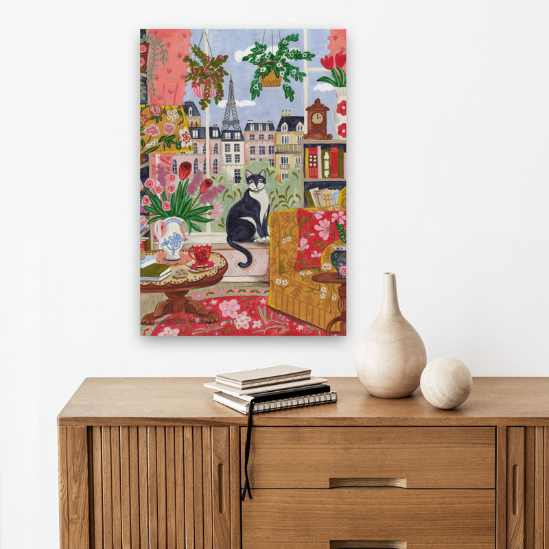 Cat In Front Of Window In Paris Bright Colours Colorful Elegant Vibrant Cat City Flower Wall Art Print 1 Piece Wrapped Canvas Wall Art