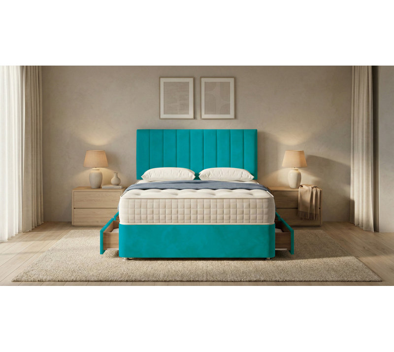 Portland Plush Velvet Divan Bed, Headboard & Mattress, 6ft Super King, Mallard, 2 Drawers Same Side