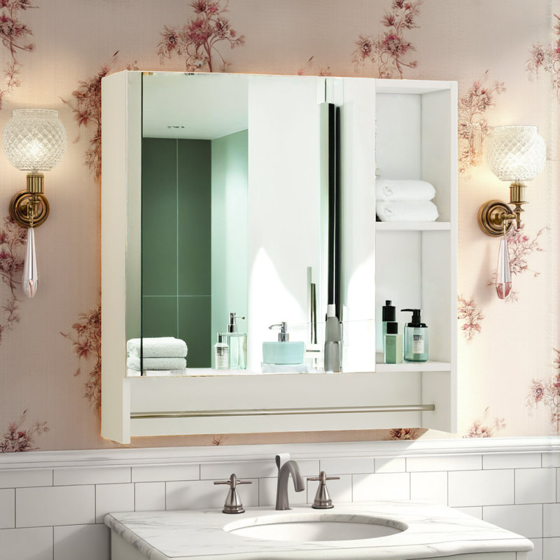 Armoire de toilette murale à miroir avec porte-serviettes, rangement dissimulé et ouvert, Blanc