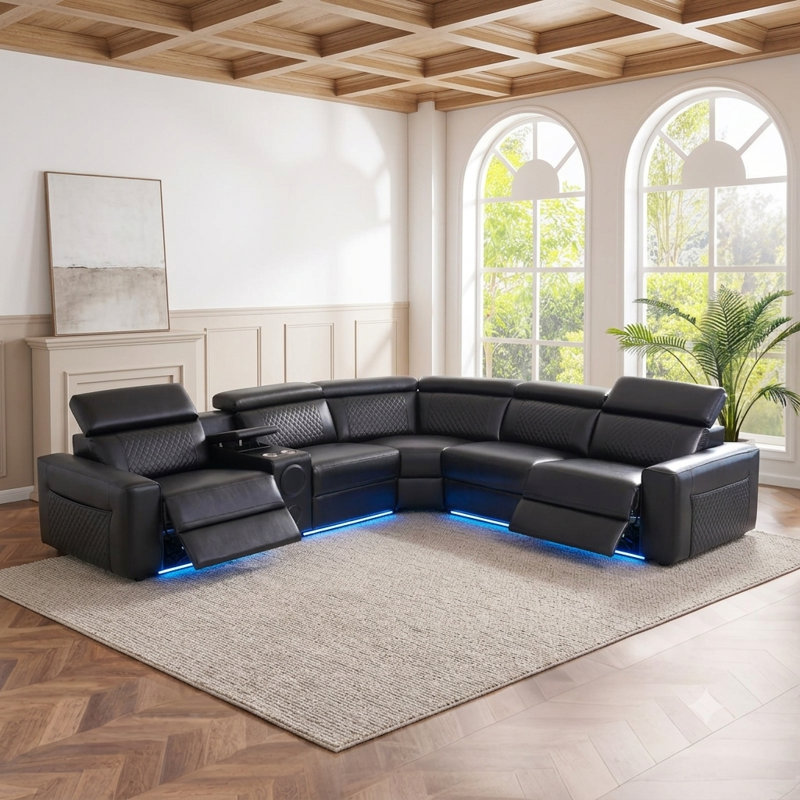 Canapé modulaire inclinable électrique en cuir 6 pièces avec panneau de commande multifonction, appuie-tête électriques, console de rangement, éclairage DEL et haut-parleurs Bluetooth