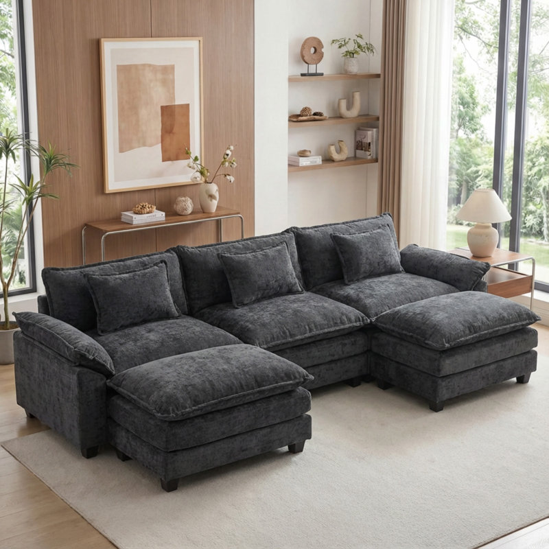 Canapé modulaire U, Chenille noir, H 34,6 po x l 120 po x P 33,8 po