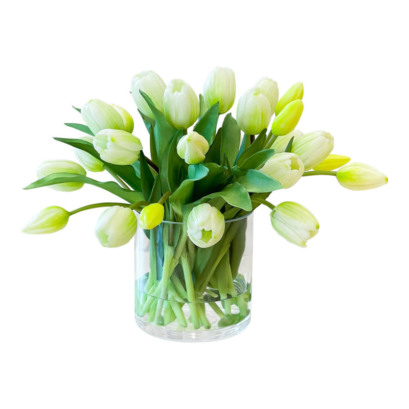 Tulip Arrangement in Vase, White/Ombre Green