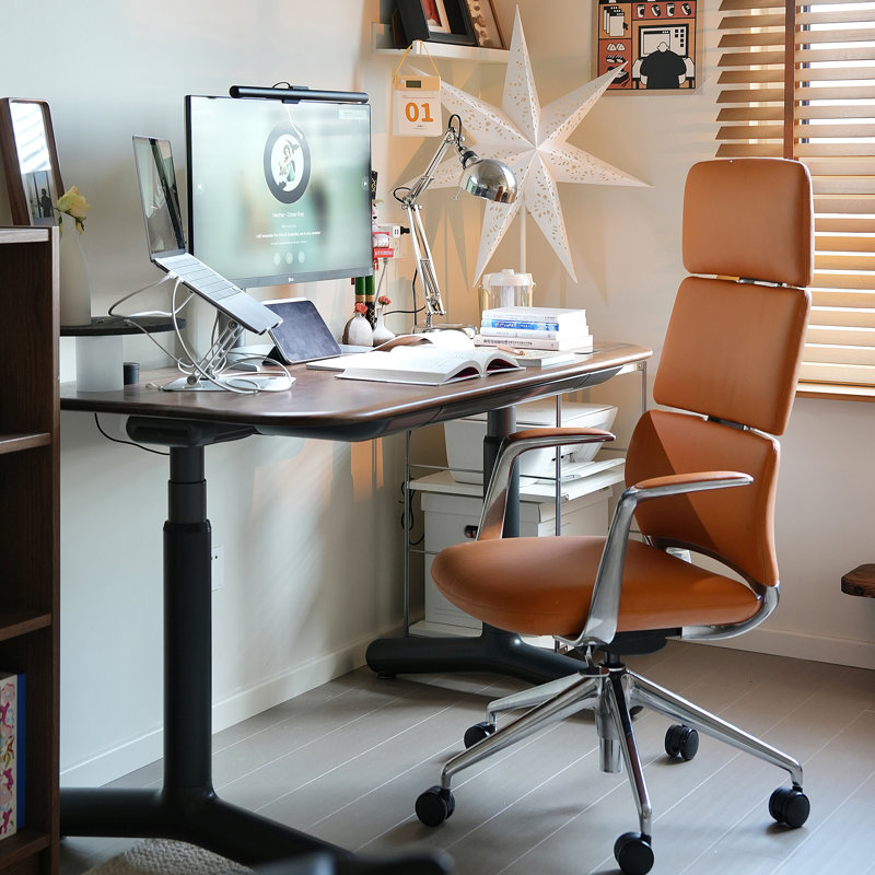Fauteuil de direction en cuir Executive, fauteuil de direction en cuir véritable à haut dossier avec appui-tête, inclinaison et hauteur réglables, fauteuil pivotant ergonomique sur roulettes (orange)
