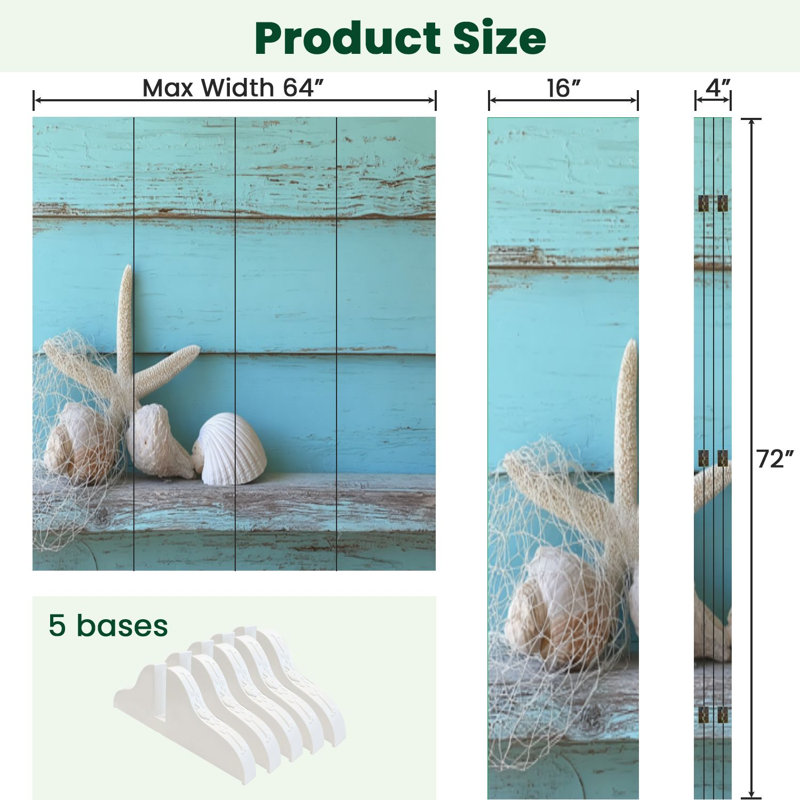 4 panneaux de paravent pliant Royal Starfish Shell sarcelle plage nature coquillages filet de pêche toile écran séparateur de pièce autoportant diviseur de mur cloison d'intimité