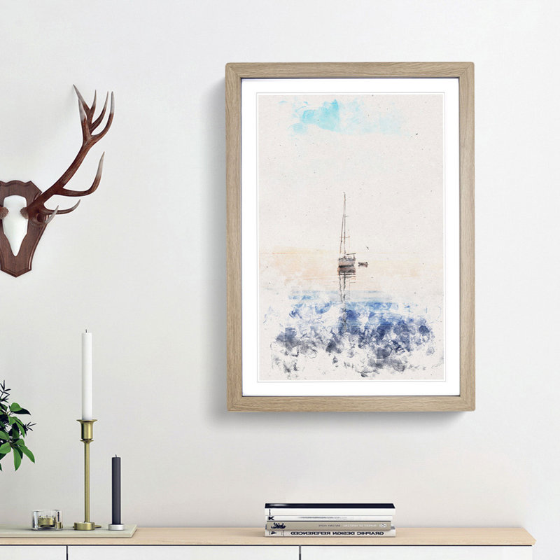 Lone Sailboat - Picture Frame Painting Print, 63cm H x 45cm W x 2cm D, Oak Framed