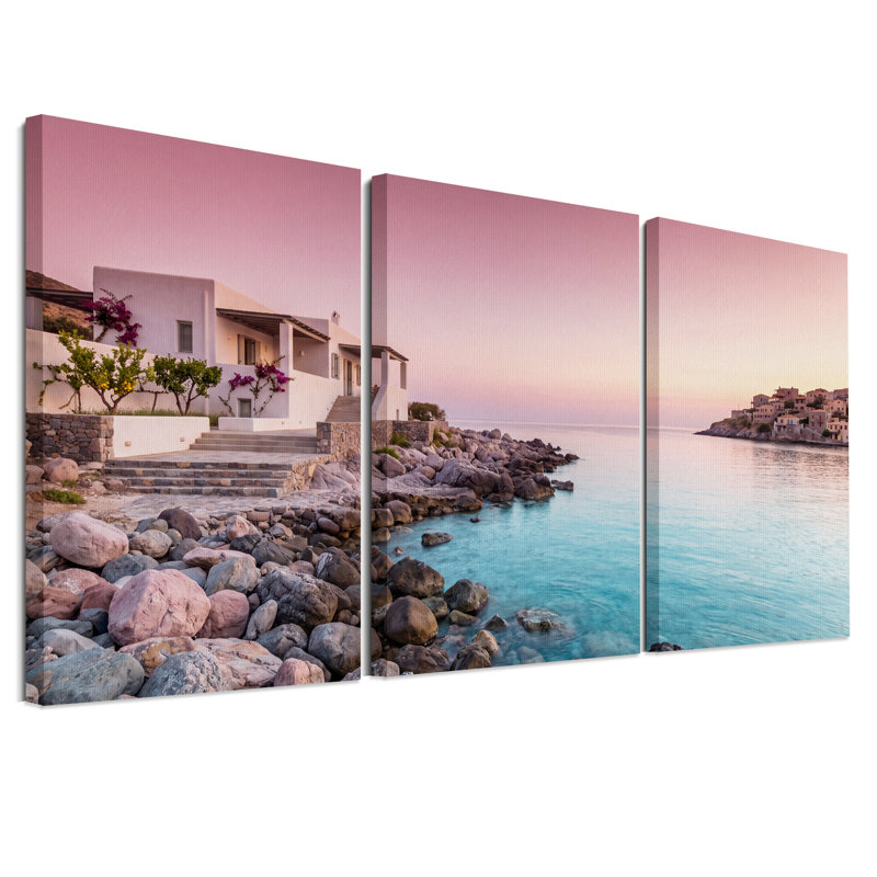"White Villa on Rocky Shore at Sunset", ensemble de 3 toiles murales, H 36 po x l 24 po x 3 pièces