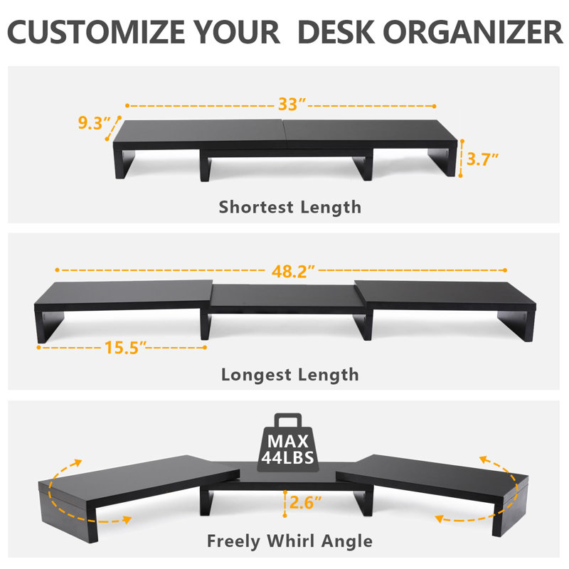 Dual Monitor Stand Riser Office Desktop Organizer Stand For 2 Monitors, Adjustable Length And Angle 3 Shelf, Extra Long Multifunctional Stand Up To 48.2"