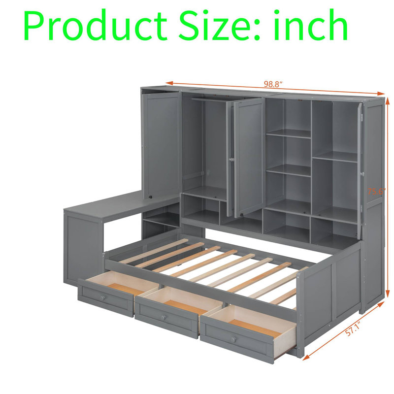 Multi-Functional Daybed with Desk, Shelves, Cabinets and Drawers, Space-Saving Bed Frame with Storage, Reversible Layout, Wood Frame for Bedroom, Apartment, Home Office