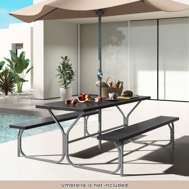 Red Barrel Studio 6 Ft Picnic Table Bench Set Outdoor Dining Table & 2 Benches With Metal Frame White, Noir