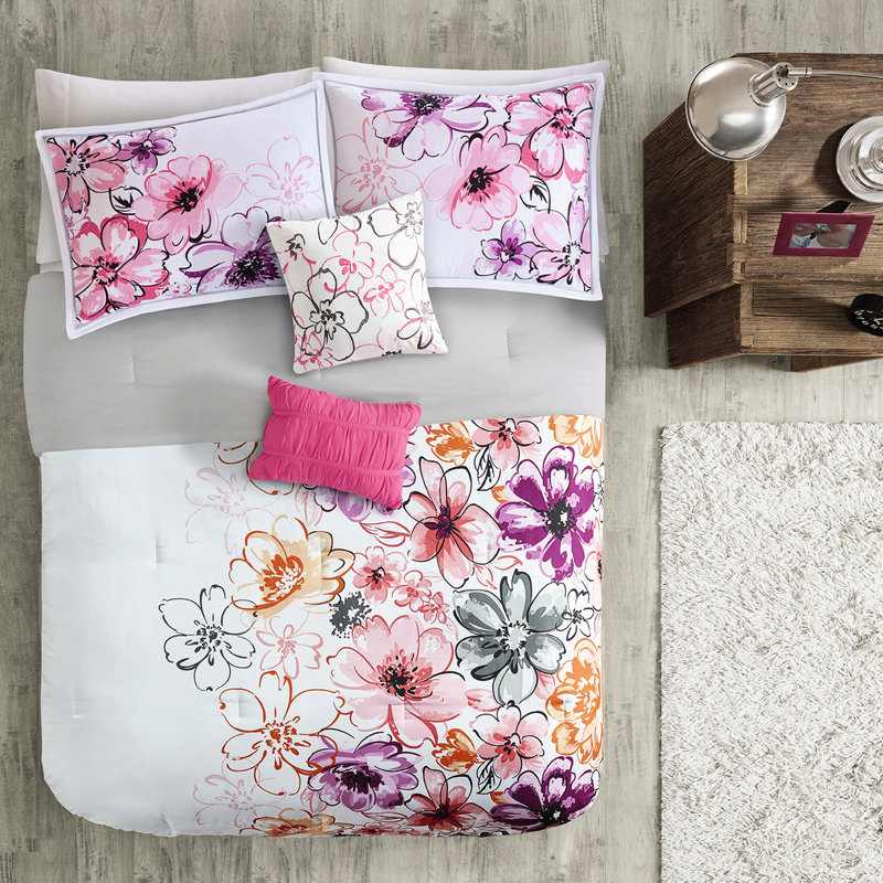 Édredon asymétrique à motif floral pour très grand lit / très grand rose avec broderie, Motif floral rose