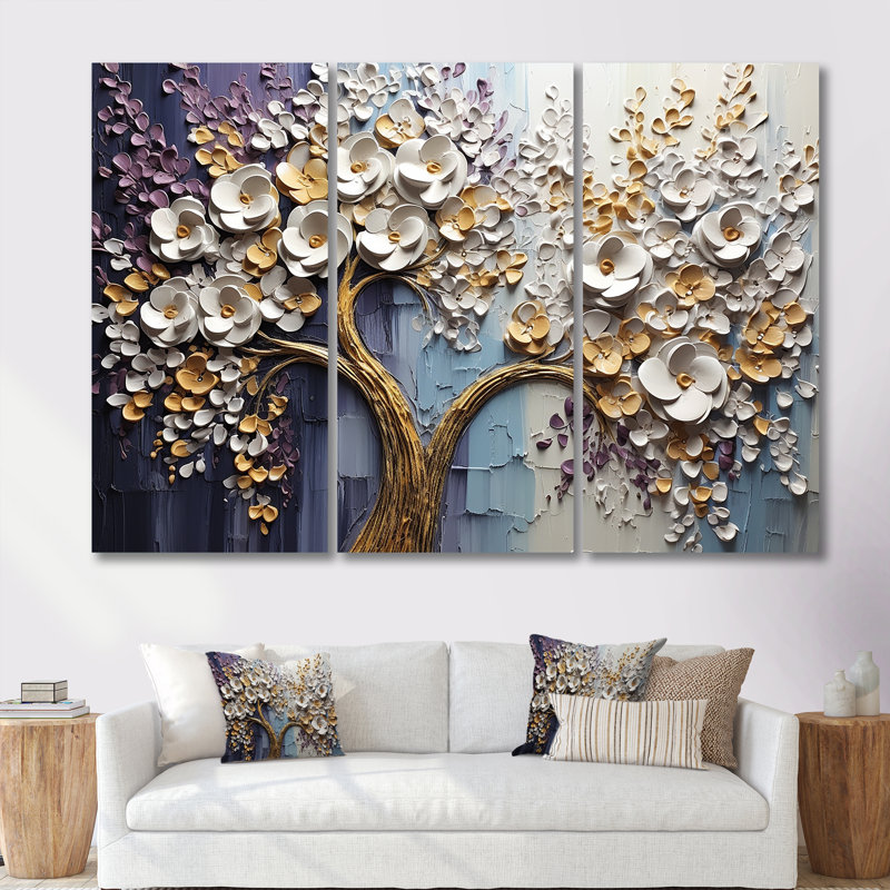 Arbre en fleurs avec fleurs blanches II - ensemble d'art mural arbre floral, Toile tendue, H 40 po x l 60 po x P 1 po