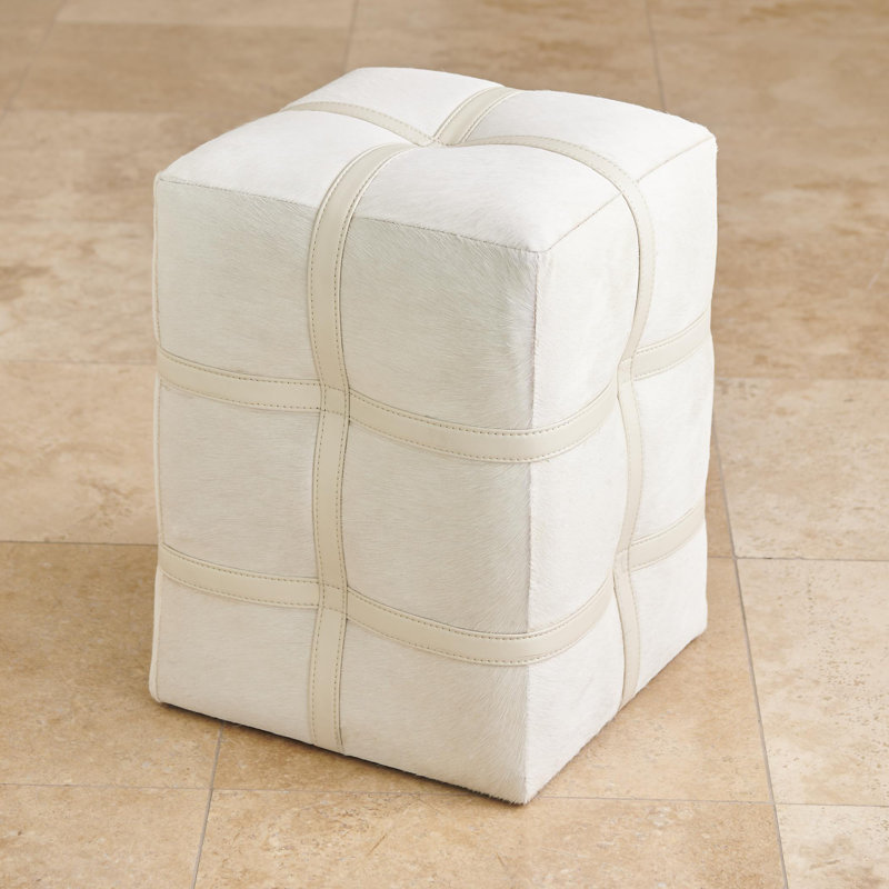 Belted Hair-on-Hide Leather Poof, Ivory Hair on Hide Leather