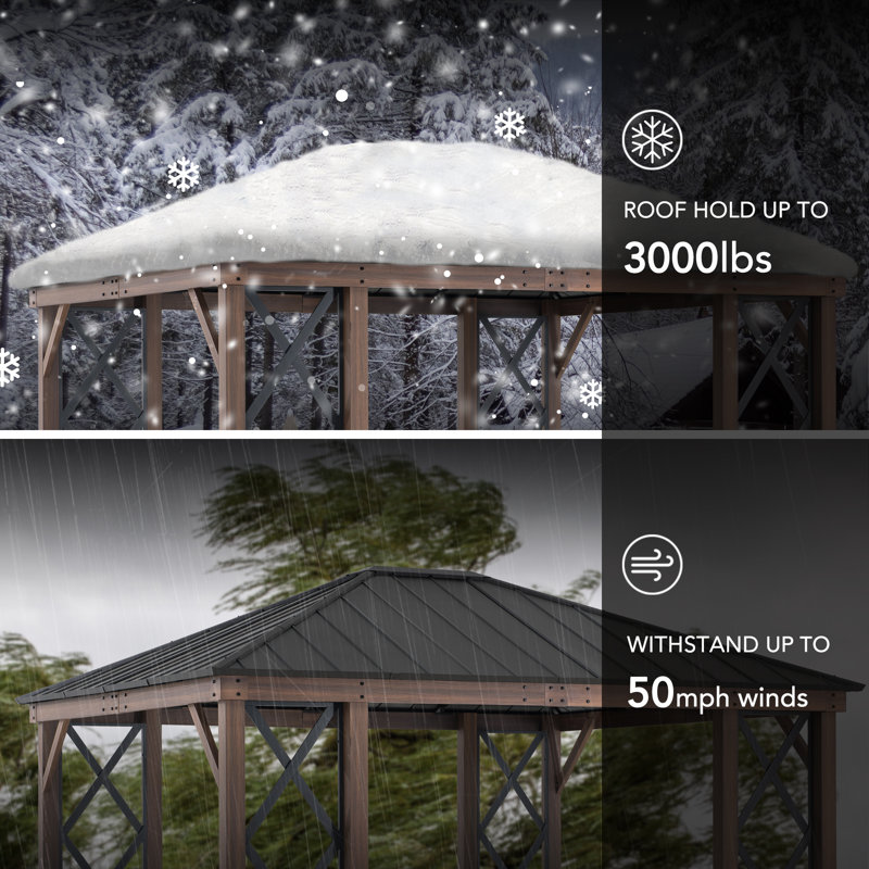Sunjoy 13 ft. x 15 ft. Hardtop Gazebo, Outdoor Black Steel Roof Gazebo Aluminum Framed Gazebo with Planters and Ceiling Hook for Patio, Garden, and Backyard Activities