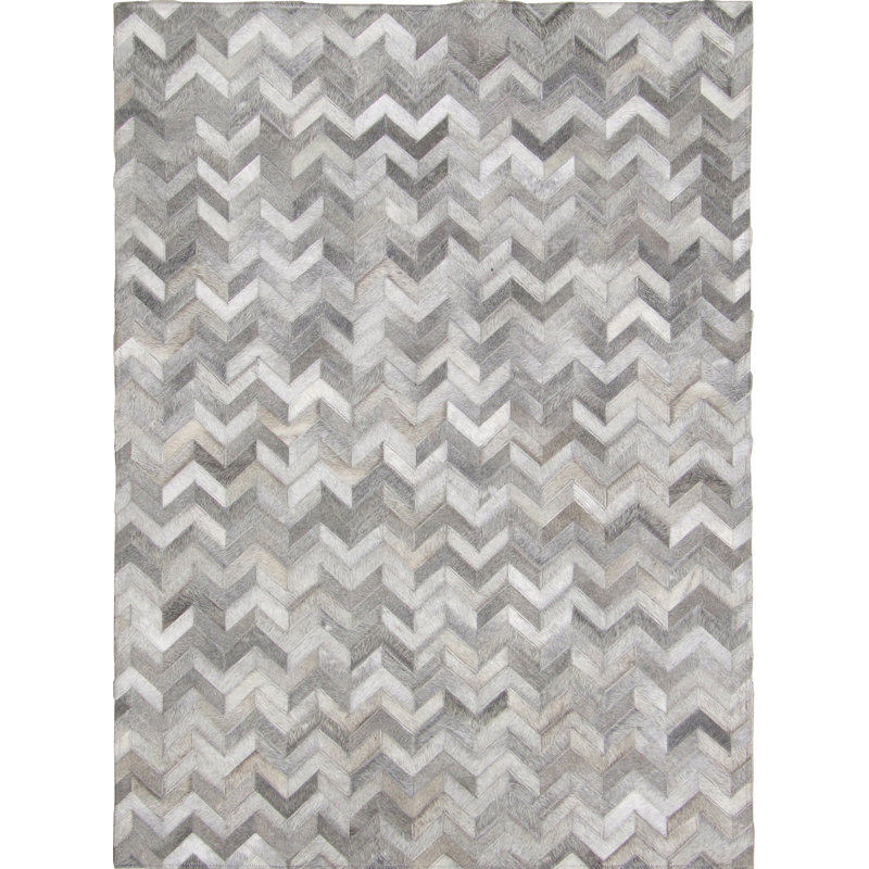 Tapis gris en cuir de vache fait à la main, Rectangle 9 pi x 12 pi