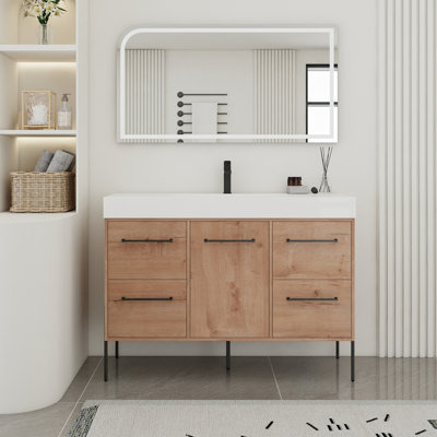 Meuble-lavabo autoportant 48 po avec lavabo en résine blanche et porte d'armoire à fermeture douce et 4 tiroirs